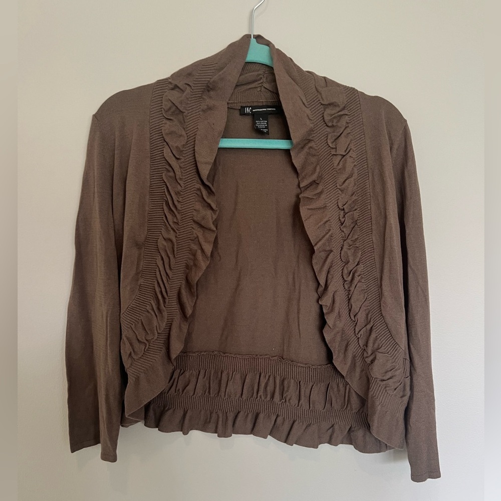 INC International Concepts Ruffle Cardigan Brown Open Front Sweater Size Large